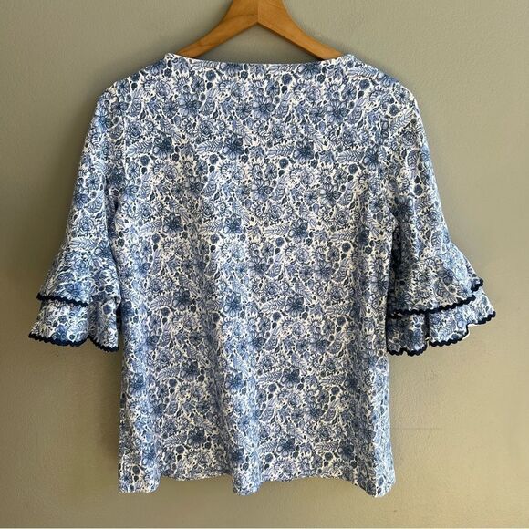 Duffield Lane Floral Blue Top with Ruffle Sleeves Tiered Ribbon Trim Medium - Picture 4 of 9